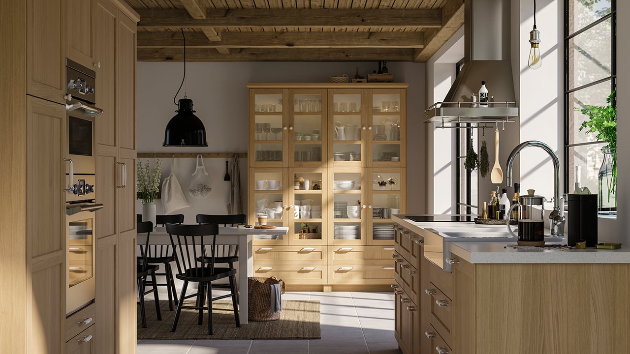 A white/Forsbacka oak METOD hi cab f ov/combi ov w dr/2 drwrs in the kitchen