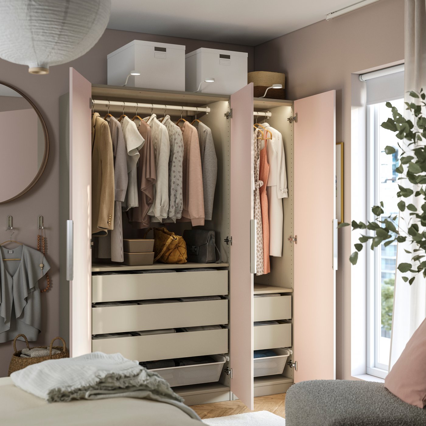 A grey-beige/high-gloss light orange FARDAL wardrobe combination