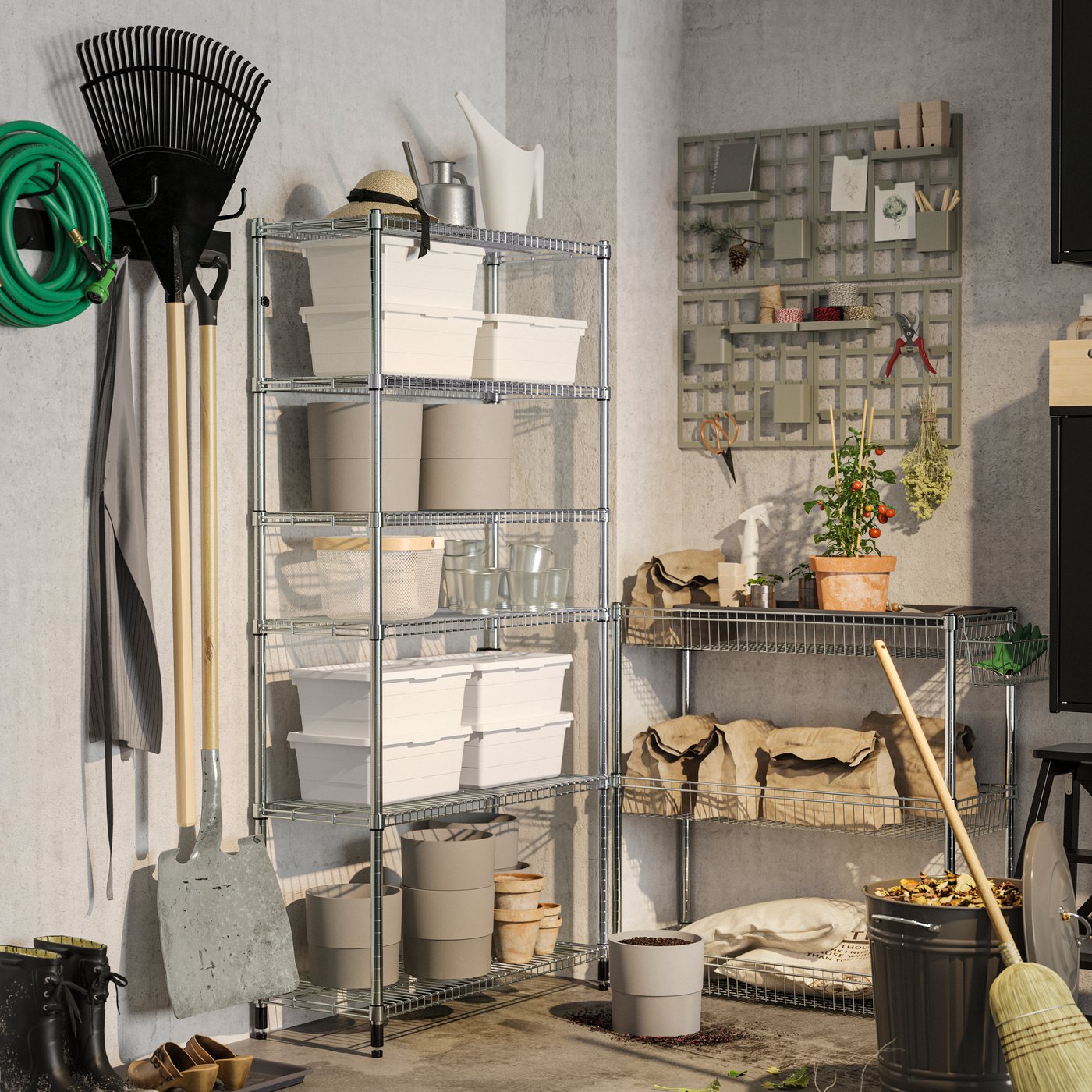 Boxes are stacked on a OMAR shelving unit and gardening tools are hung on the walls. Beside, is a trolley with soil and plants.