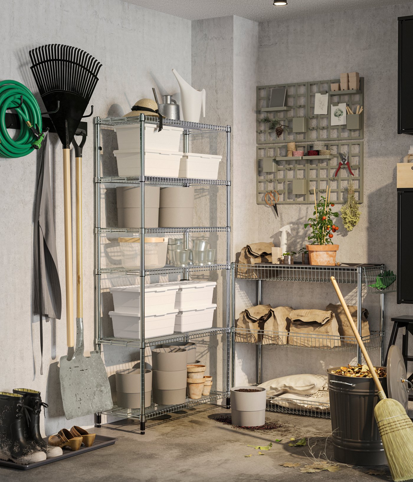 Boxes are stacked on a OMAR shelving unit and gardening tools are hung on the walls. Beside, is a trolley with soil and plants.