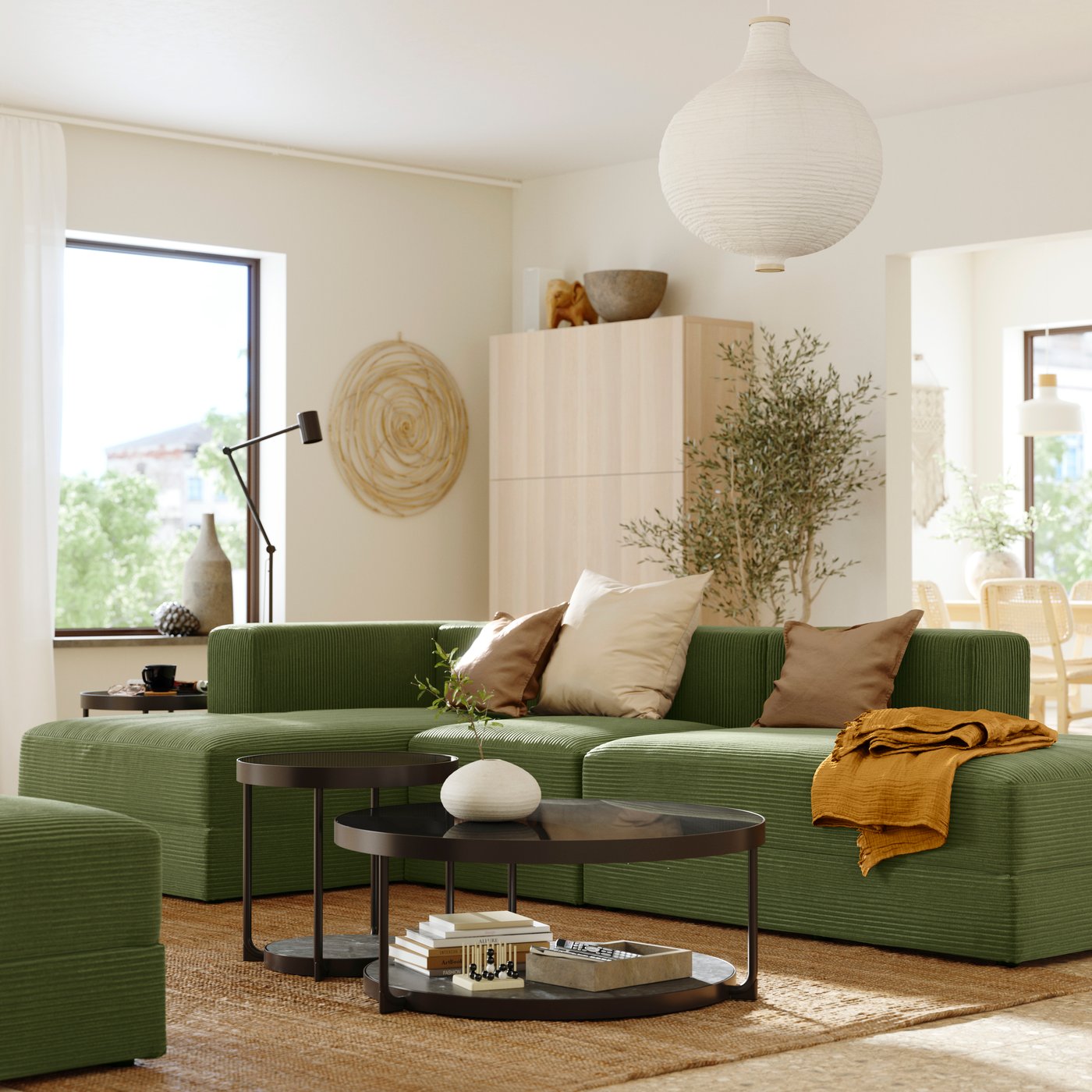A Samsala dark yellow-green JÄTTEBO 3,5-seat mod sofa w chaise longues
