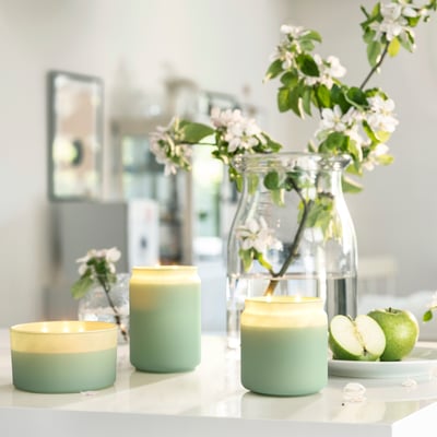 An apple/green LÖVSKOGSLUND scented cndl in glass w lid/2 wicks