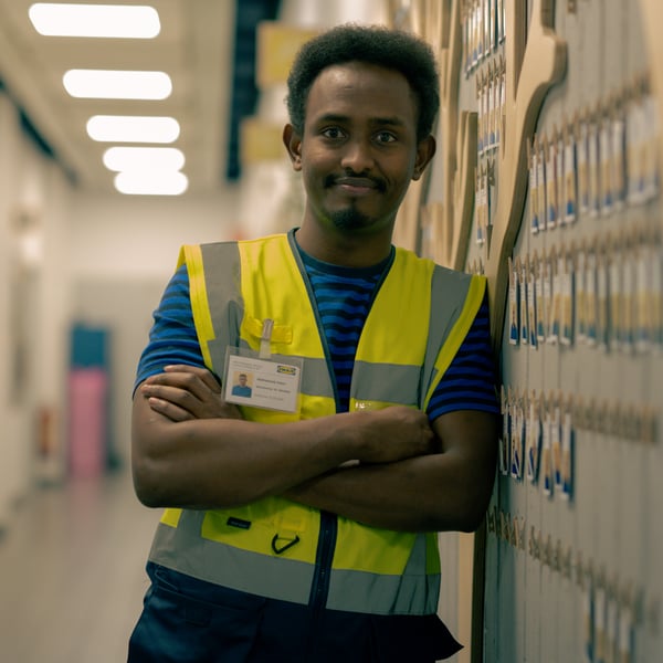 Abdi, wearing a high-visibility vest, stands with arms crossed in a corridor, smiling.
