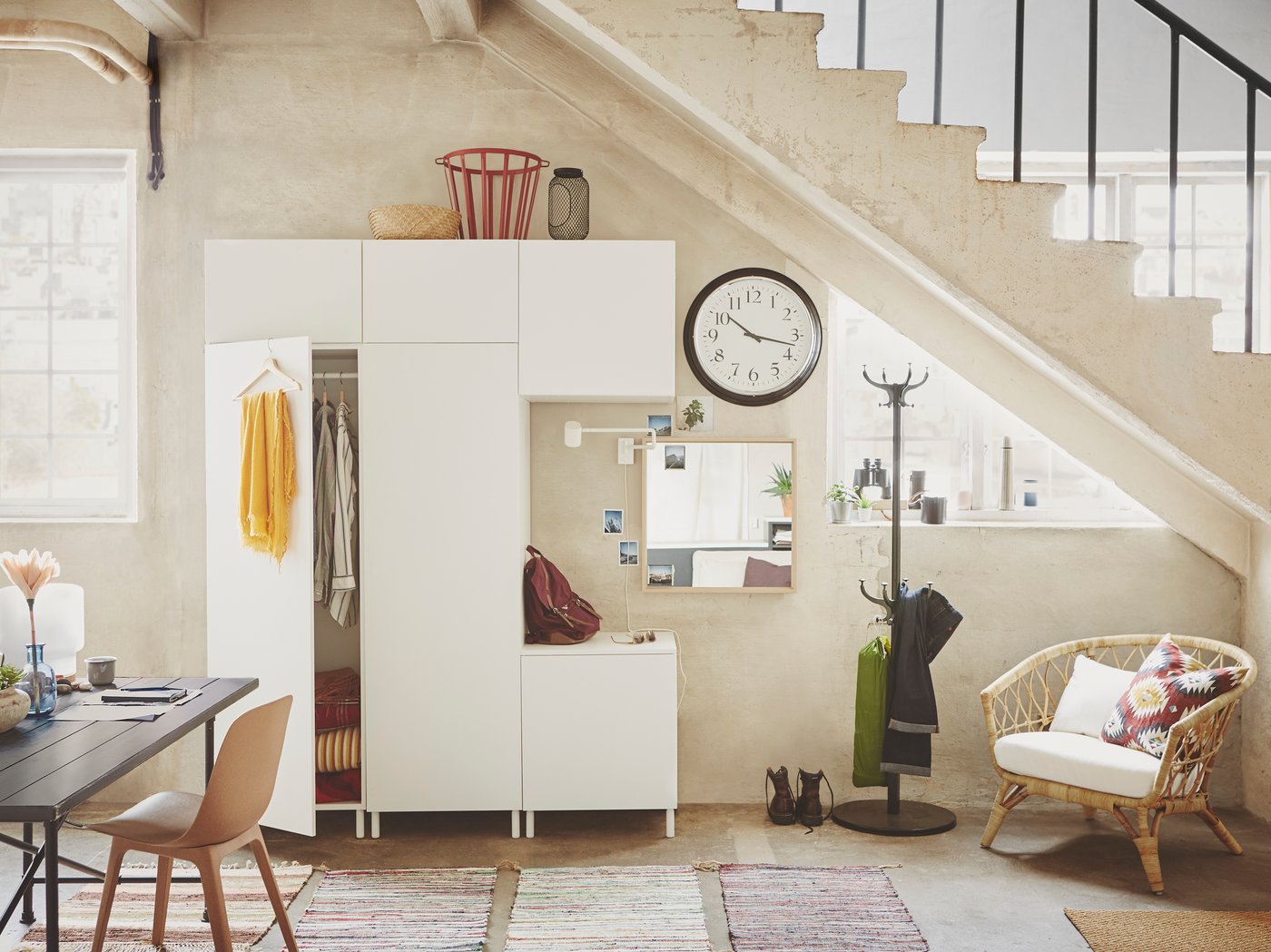 A white PLATSA modular storage hat and coat stand in the hallway