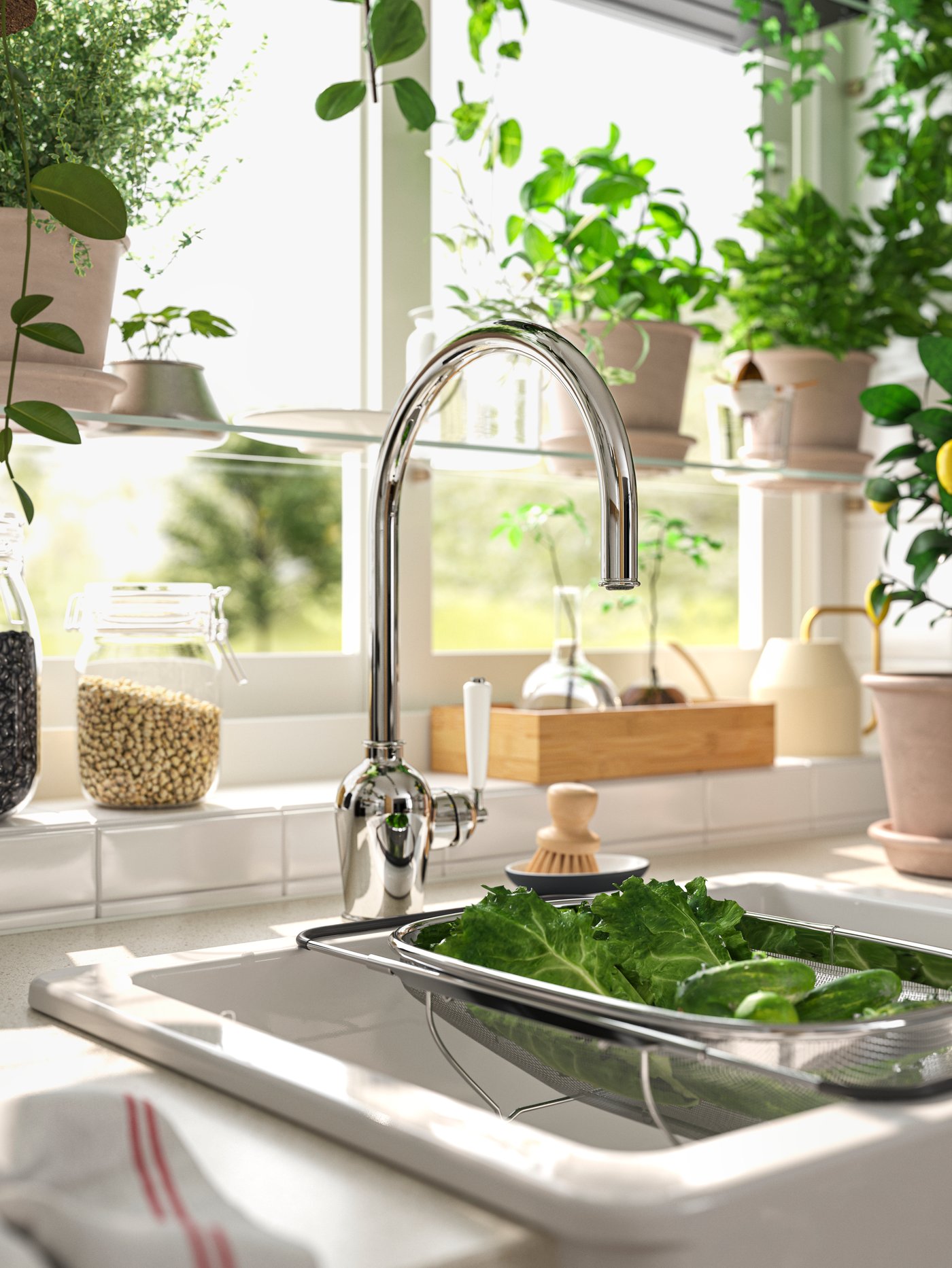 Ett kök med en diskho under ett fönster, omgiven av gröna växter i krukor. På diskbänken ligger en sil med sköljda salladsblad, och en modern kromad kökskran är i fokus. Ljuset från fönstret ger en ljus och fräsch känsla