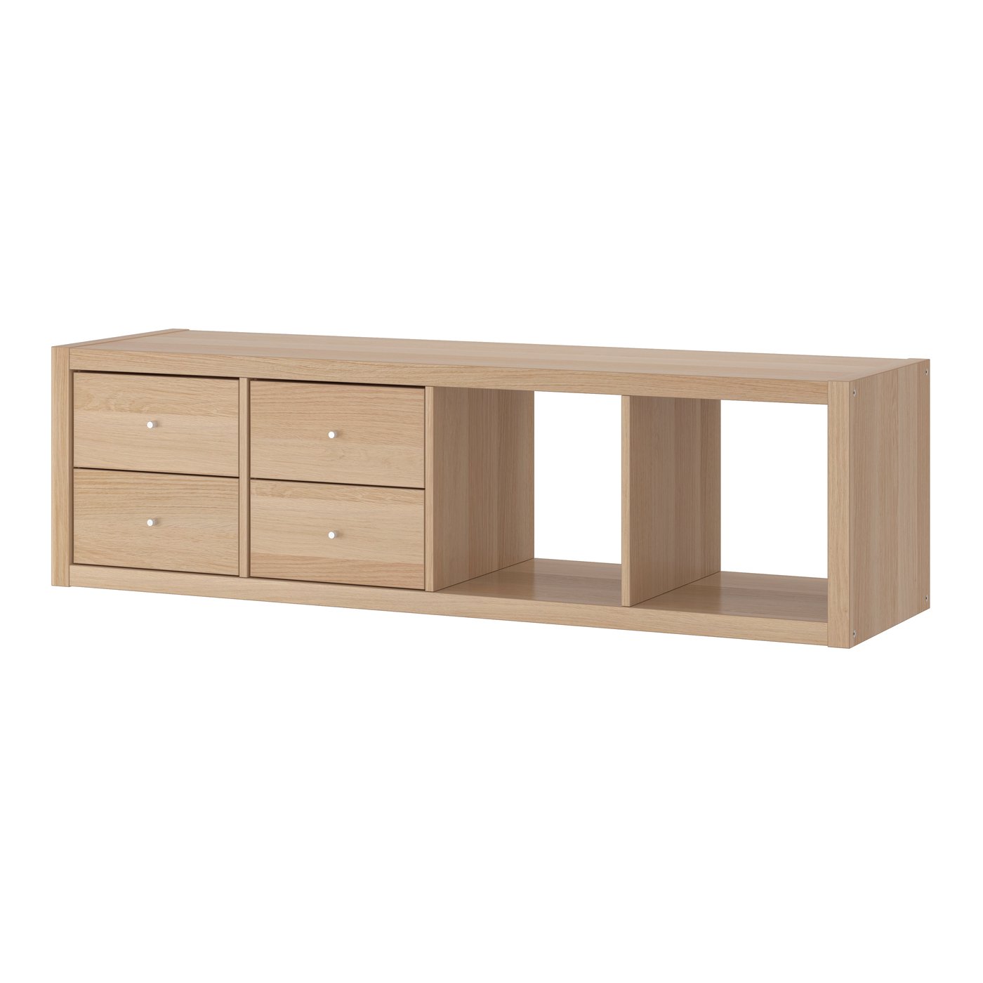 IKEA KALLAX hylla med 2 insatser, 4 lådor/vitlaserad ekmönstrad, 147x42 cm