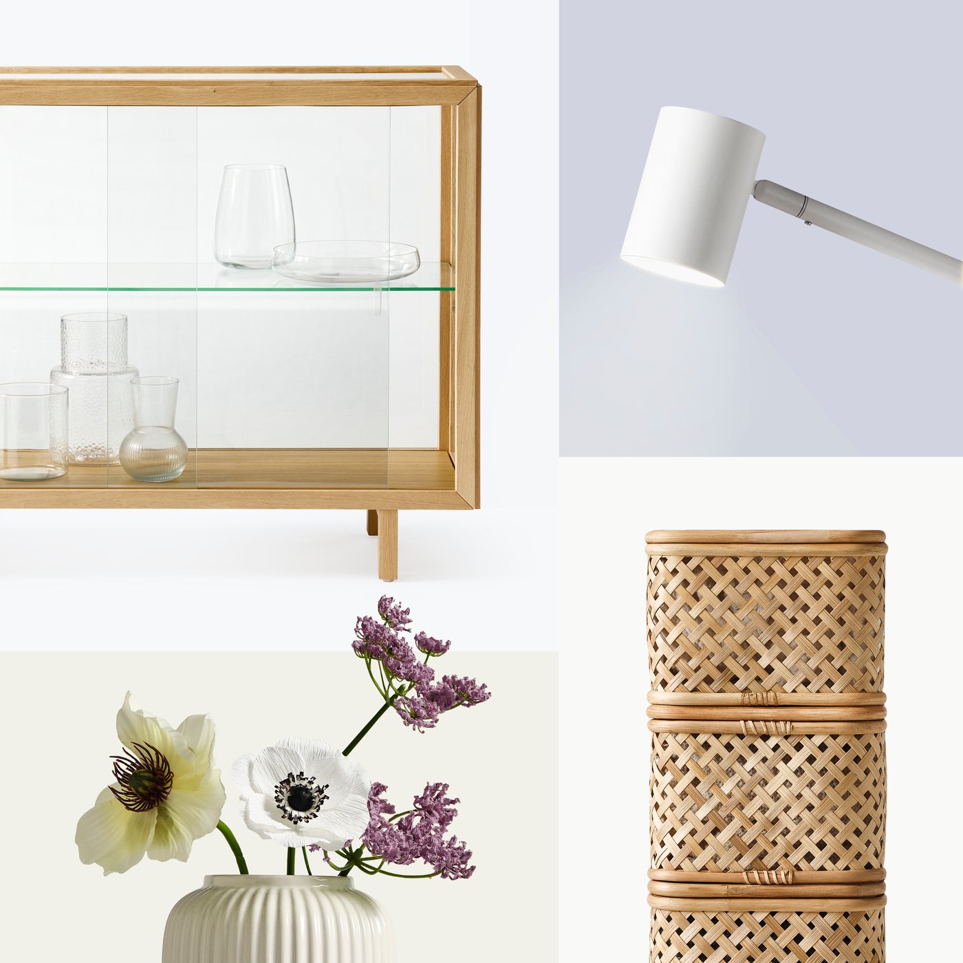 A four-image collage with a STOCKHOLM glass cabinet, a white NYMÅNE floor lamp, a vase with flowers and stacked baskets.