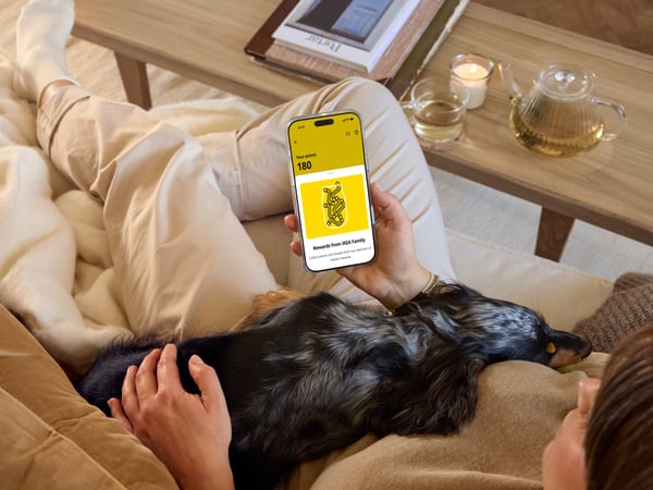 Eine Person liegt mit einem Hund auf dem Sofa und hält ein Smartphone, auf dem die IKEA App und der aktuelle Punktestand für den Treuebonus von IKEA Family zu sehen sind.