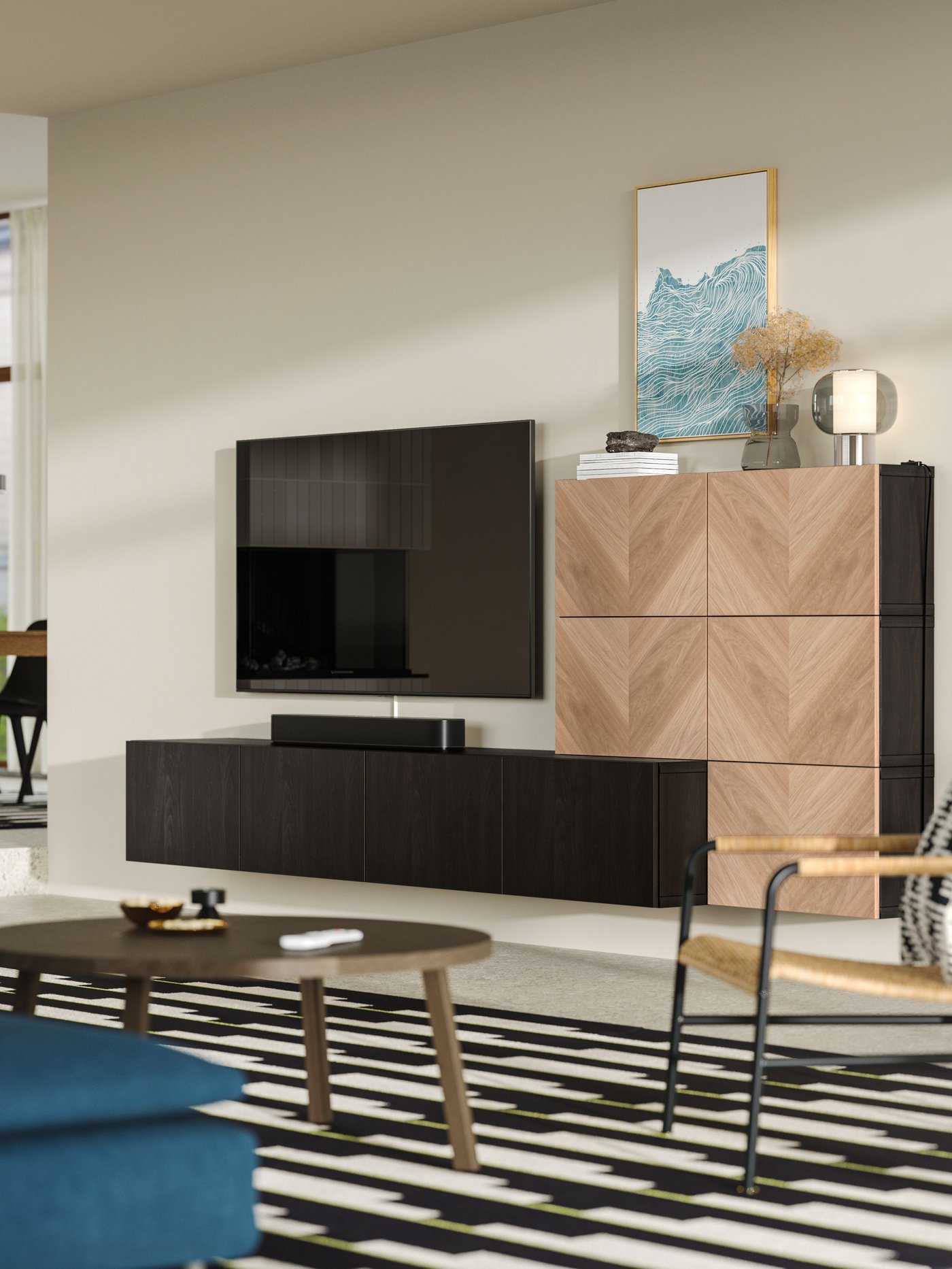 A black-brown Lappviken/Hedeviken oak BESTÅ media storage combination in the living room