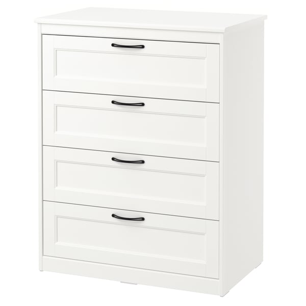 A white SONGESAND chest of four drawers in the NA