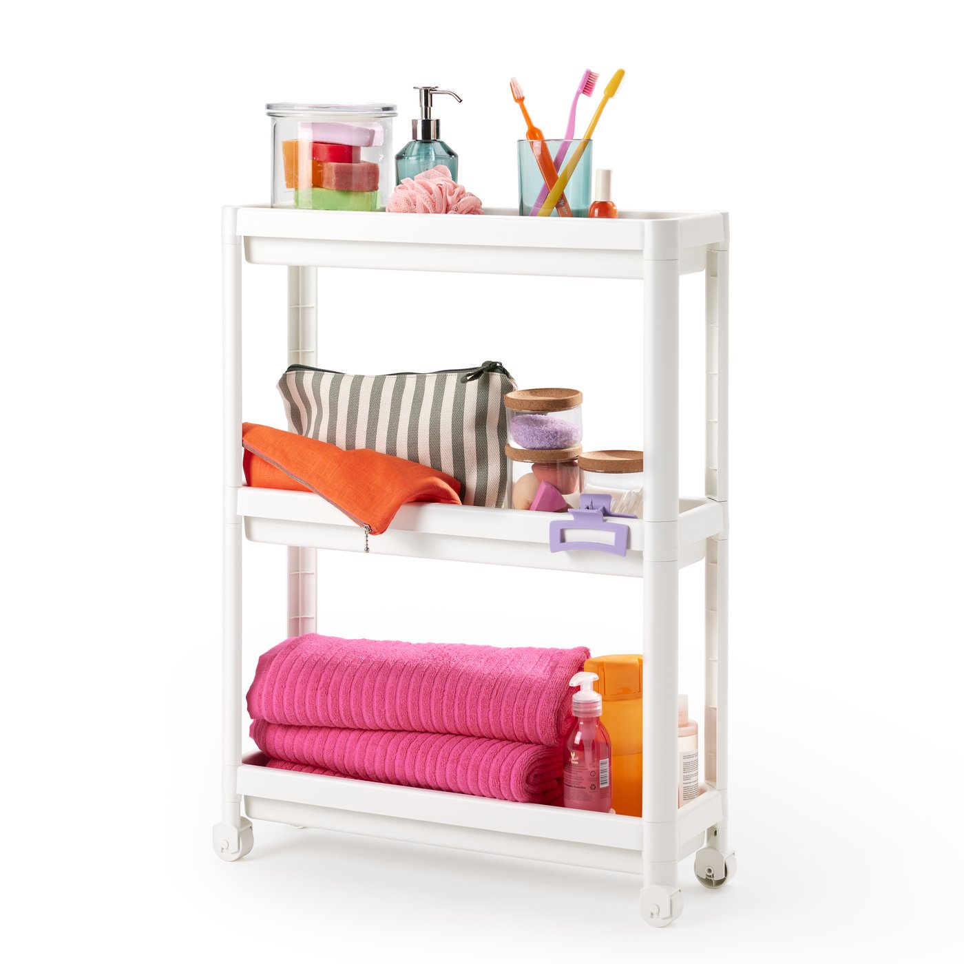 Witte VESKEN roltafel met wielen is gevuld met badkamergerei.