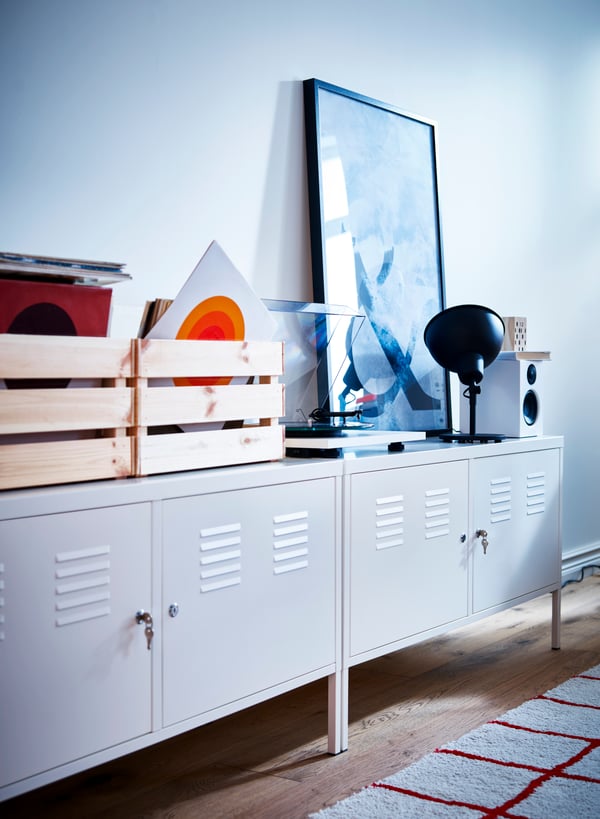 A white IKEA PS cabinet in the home office