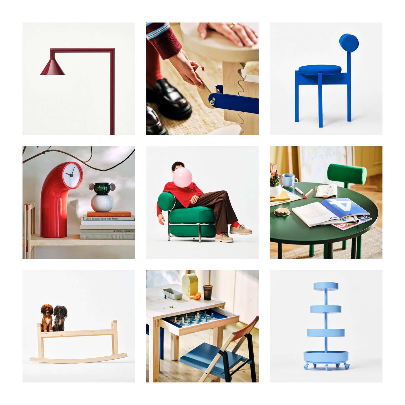 A grid of IKEA PS 2026 products, including a blue chair and red table clock.