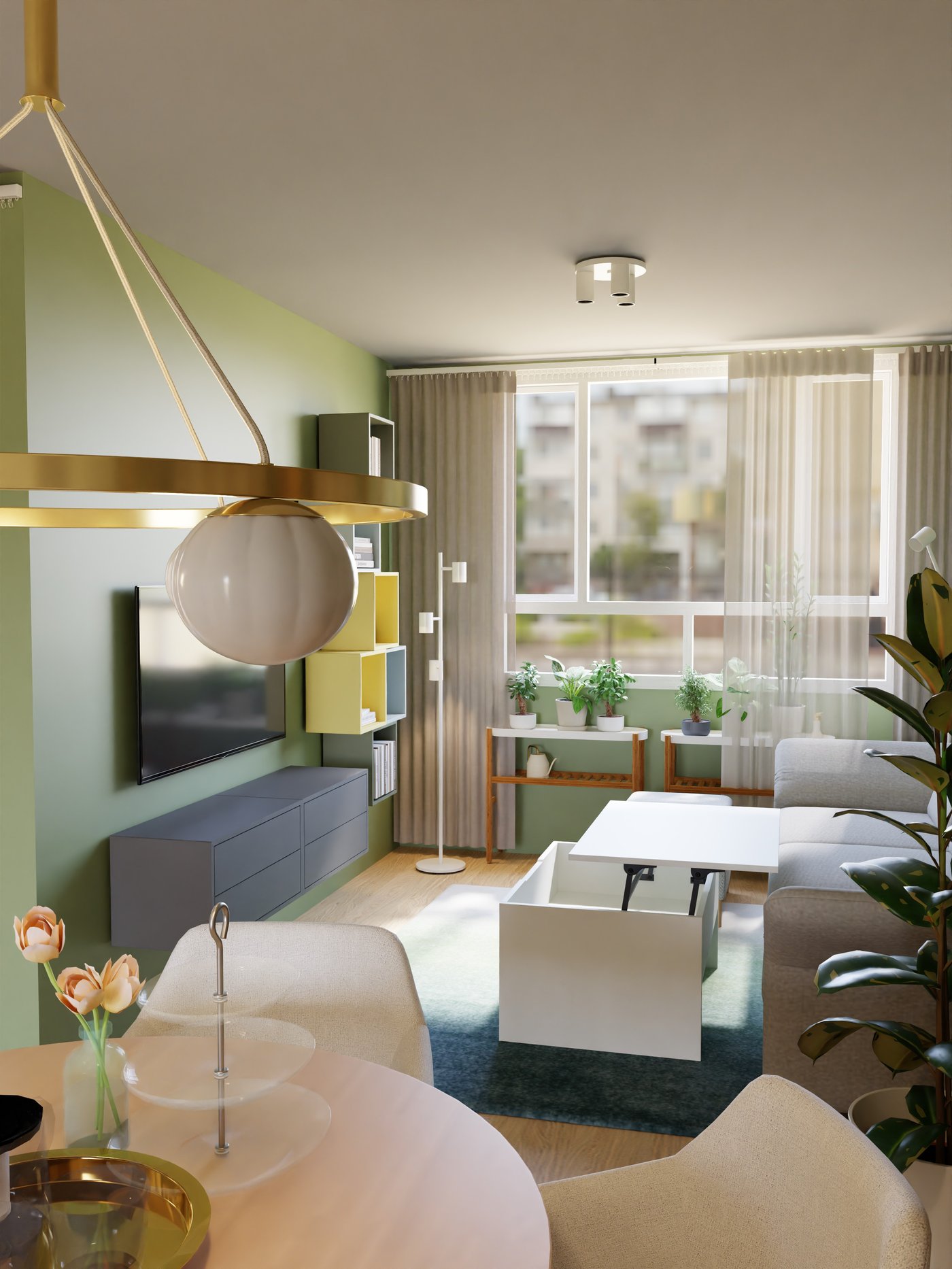 gemütliche Sofaecke mit festen, hohen Sofa, einem Sofatisch und TV.
