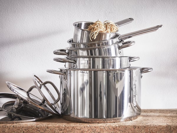 A stainless steel IKEA 365+ 9-piece cookware set