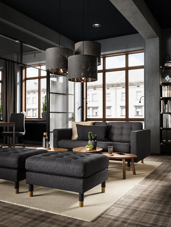 Isossa, tummansävyisessä ja teolliseen tyyliin sisustetussa asunnossa on musta LANDSKRONA-sohva ja kaksi mustaa LANDSKRONA-rahia.