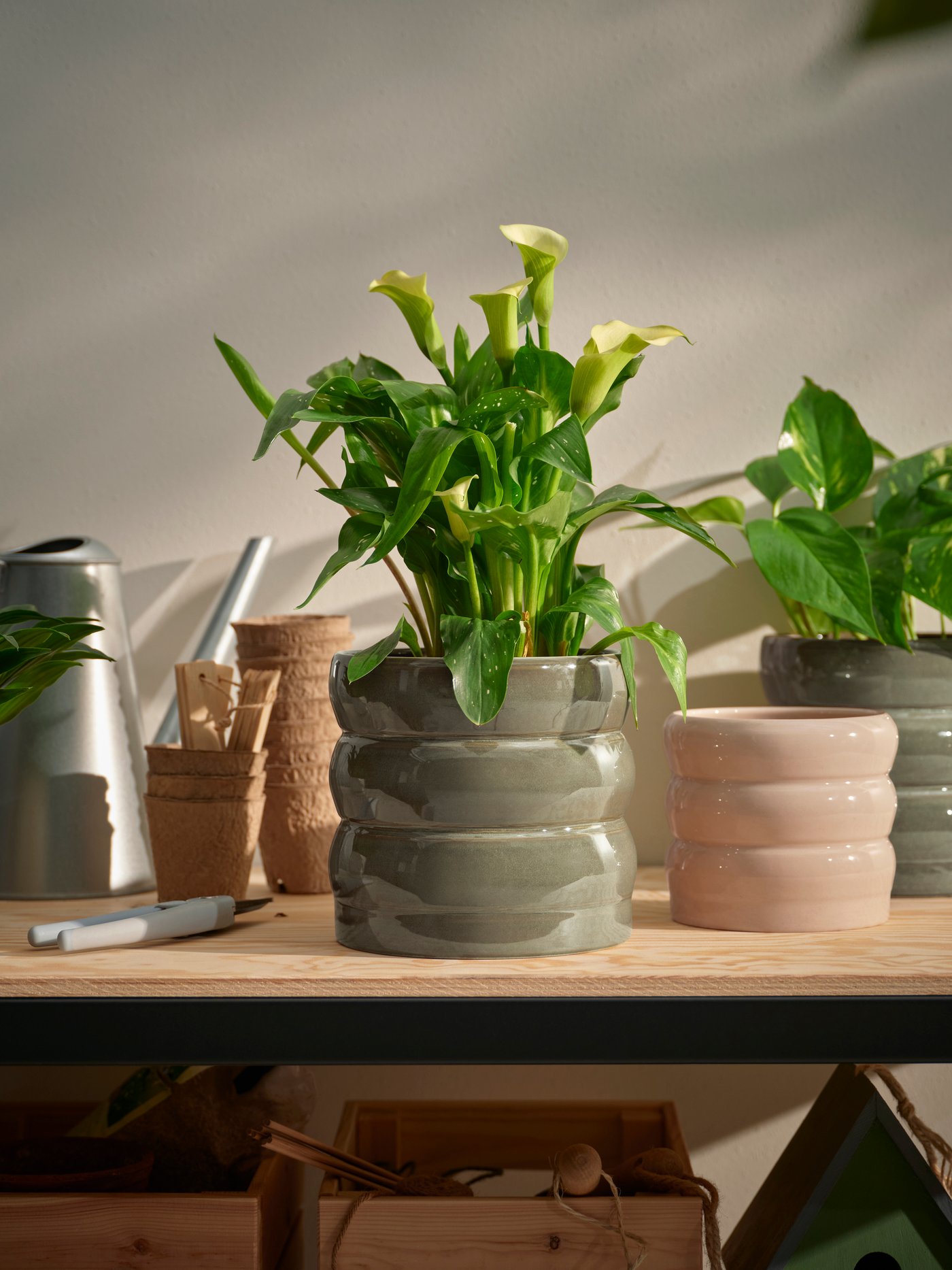 Een HASSELBUKETT-bloempot voor binnen en buiten, in de kleuren groen en bruin