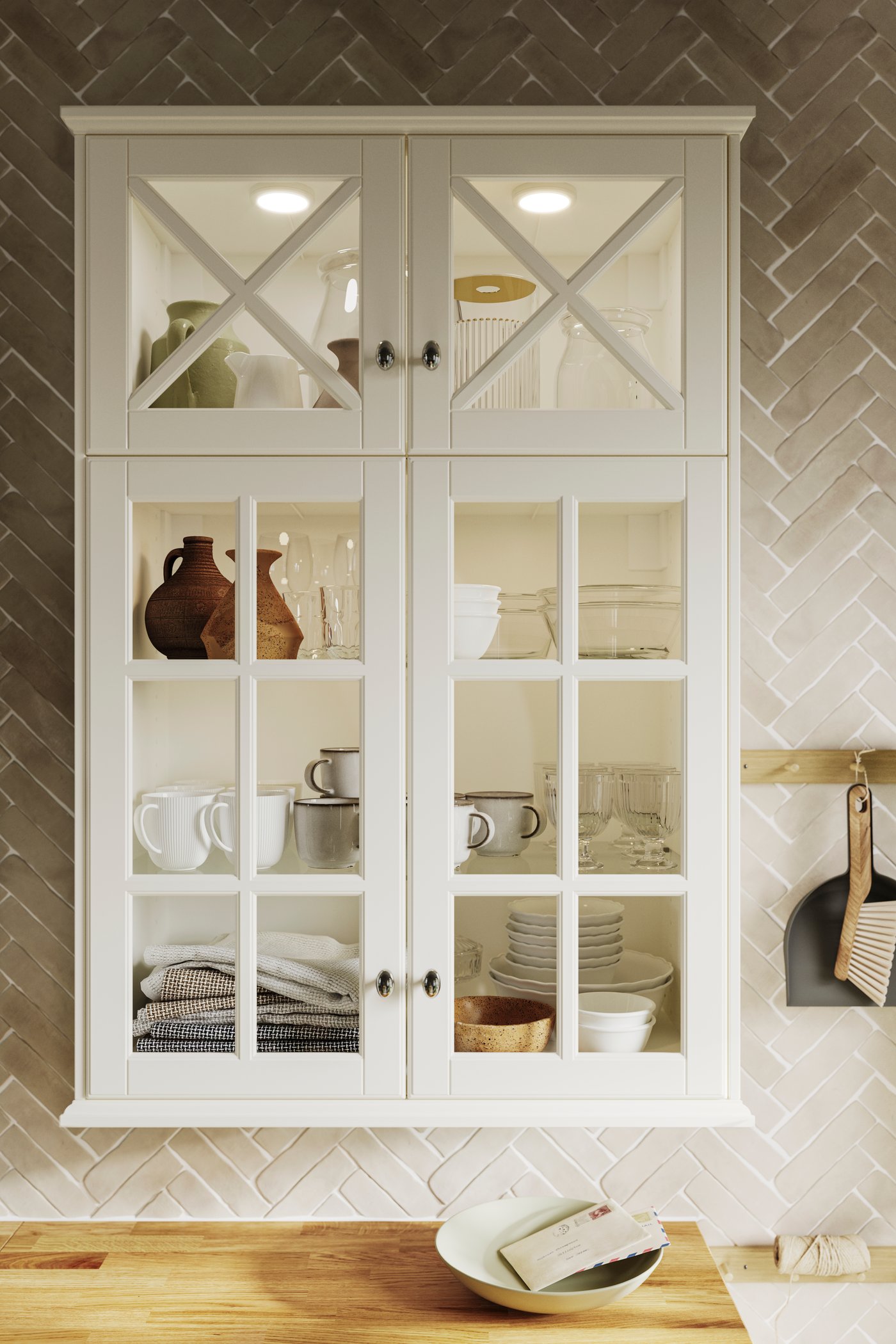 Un mueble de cocina que en la parte superior tiene un foco MITTLED que ilumina todo el módulo.