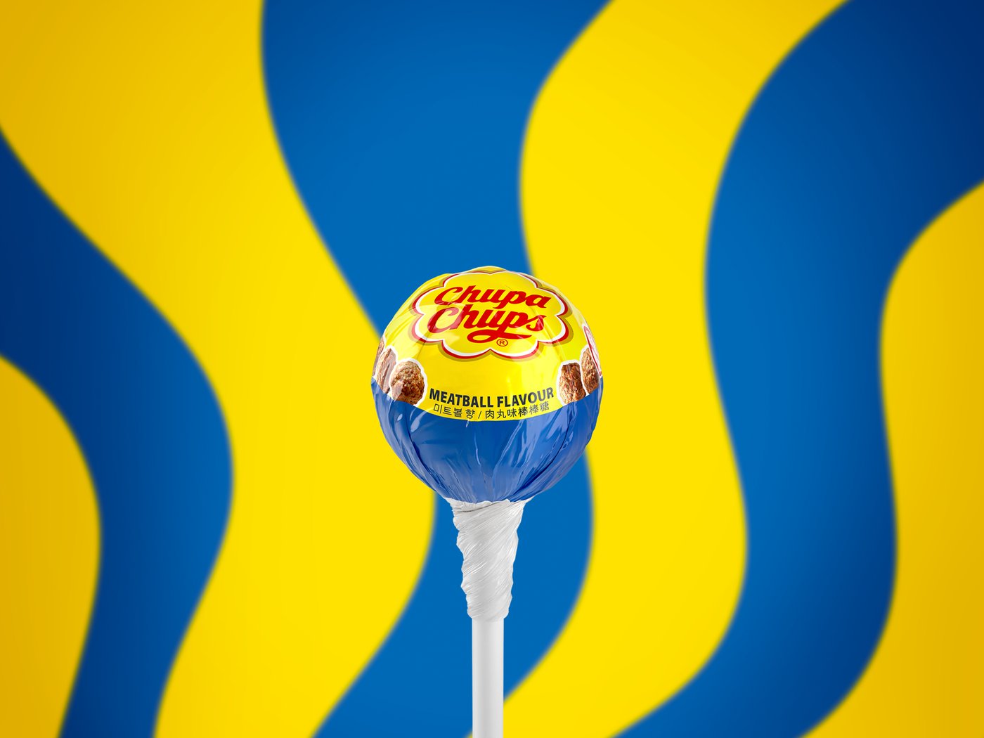 Chupa Chups Meatball Flavour lollipop, wrapped in packaging.