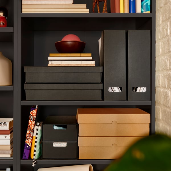 An anthracite FJÄDERHARV magazine file, decorative boxes and books in a well-organized black BRIMNES bookcase.