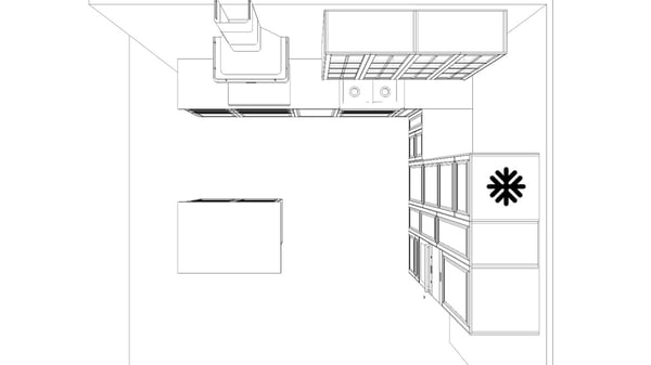 The floorplan of a L-shaped kitchen with a small island