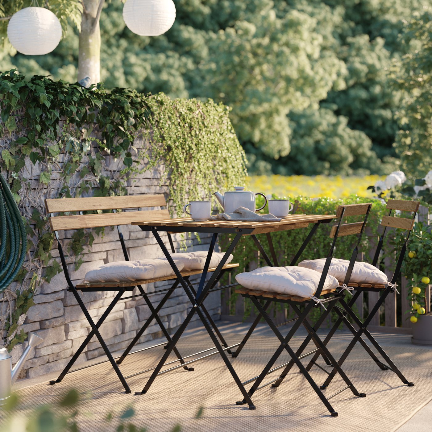 A TÄRNÖ table, black/light brown/Kuddarna light grey-beige + 2 seats + bench, outdoor