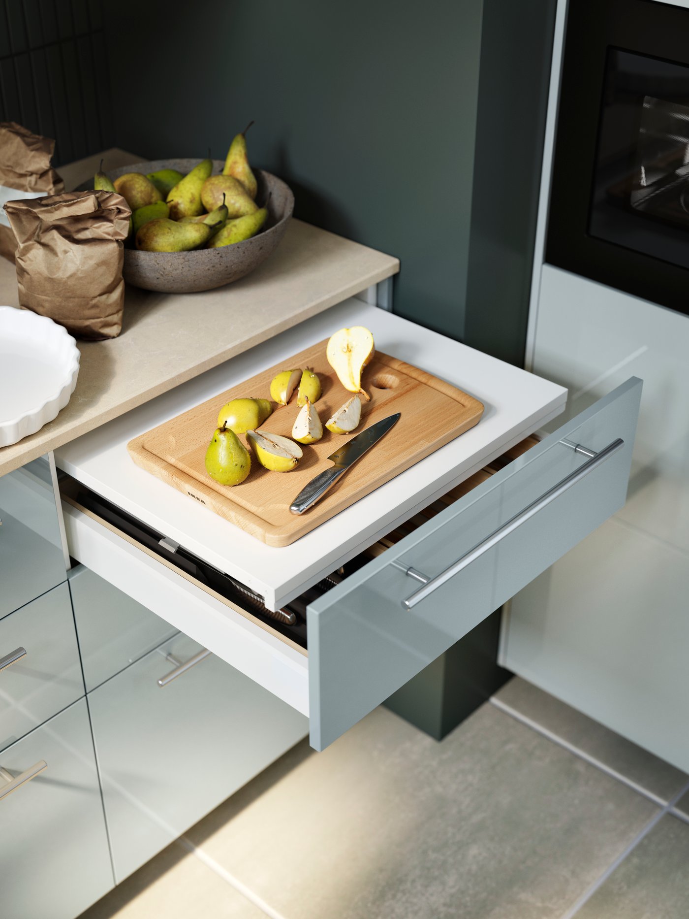 Tiroir de cuisine METOD ouvert avec façade bleu claire