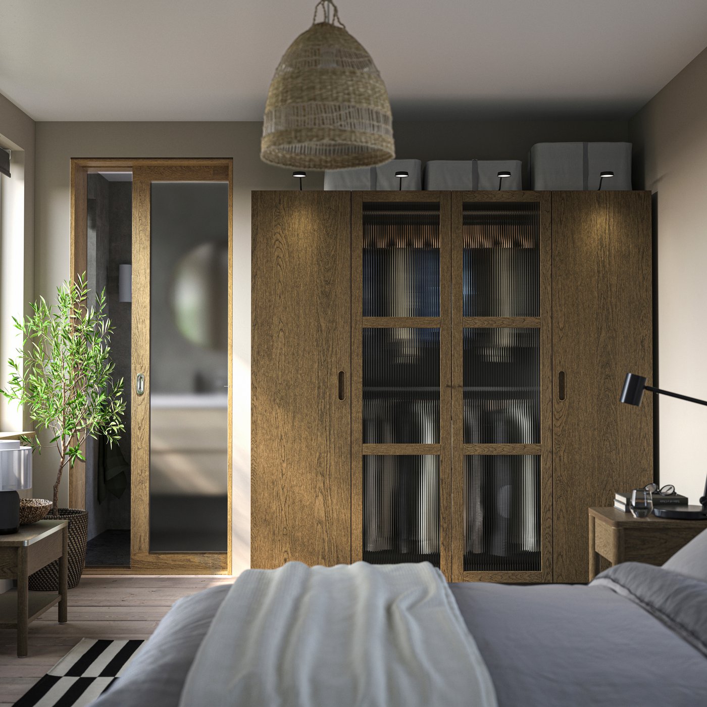 IKEA PAX / TONSTAD garderobskombination, mörkgrå brun/betsad ekfaner glas, 200x60x201 cm