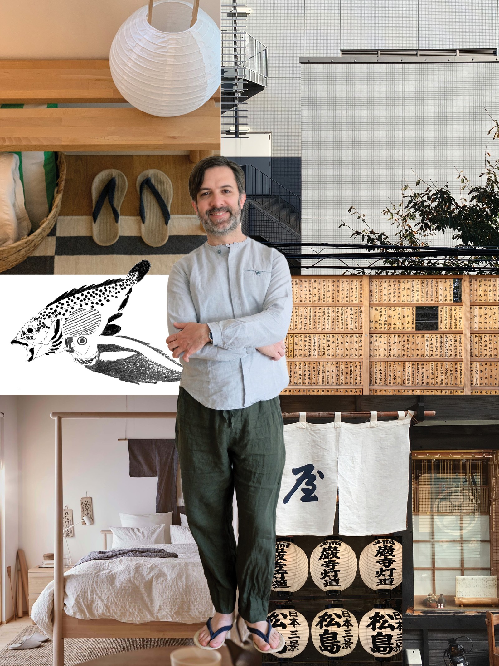 Tabla za inspiraciju sa slikama minimalističkog, japansko-skandinavskog stila i portretom na kom je Andres.