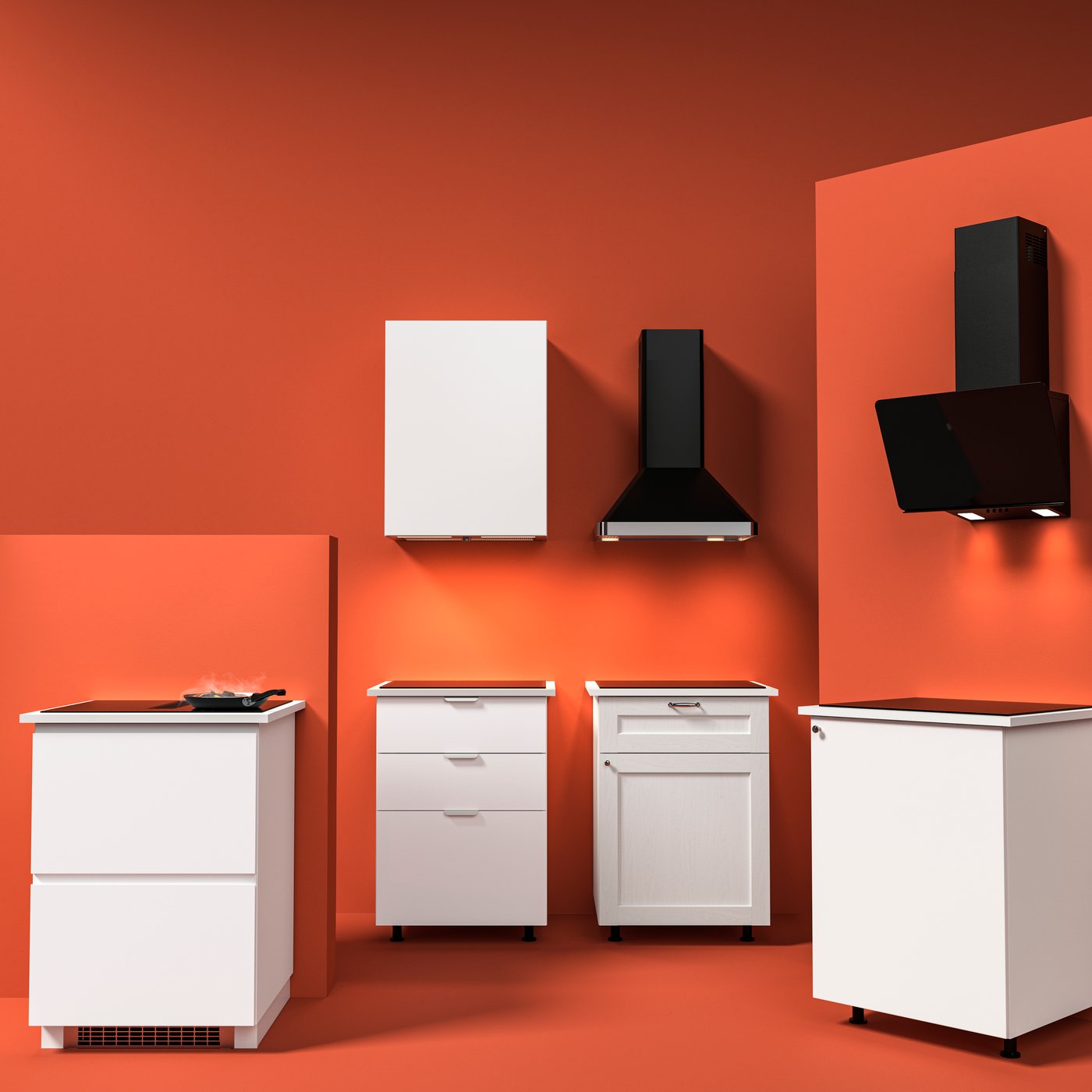 A range of induction hobs with integrated extractors and wall-mounted extractor hoods are placed against a red background.