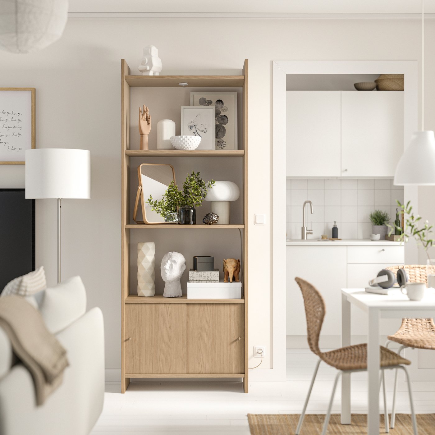 A with 3 shelves/oak effect LÅDMAKARE storage combination w sliding doors in the living room
