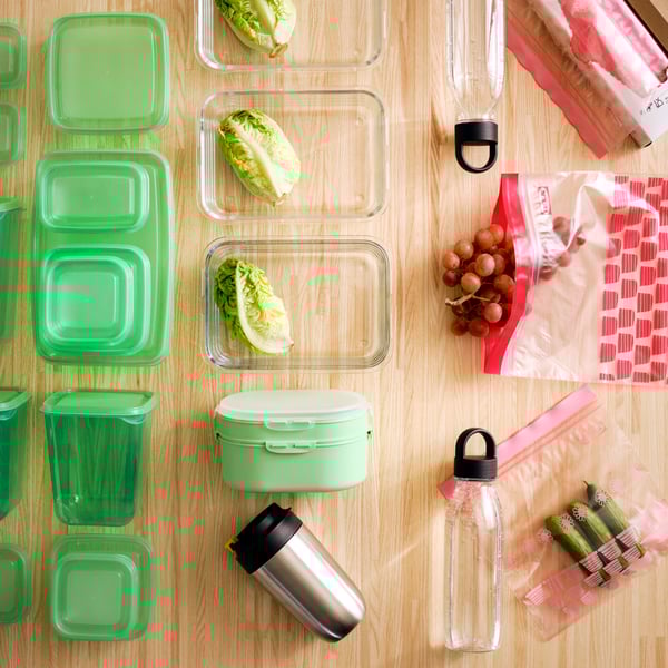 A montage of PRUTA sandwich containers, PRUTA food containers, UTBJUDA stackable lunchbox and IKEA 365+ food containers.