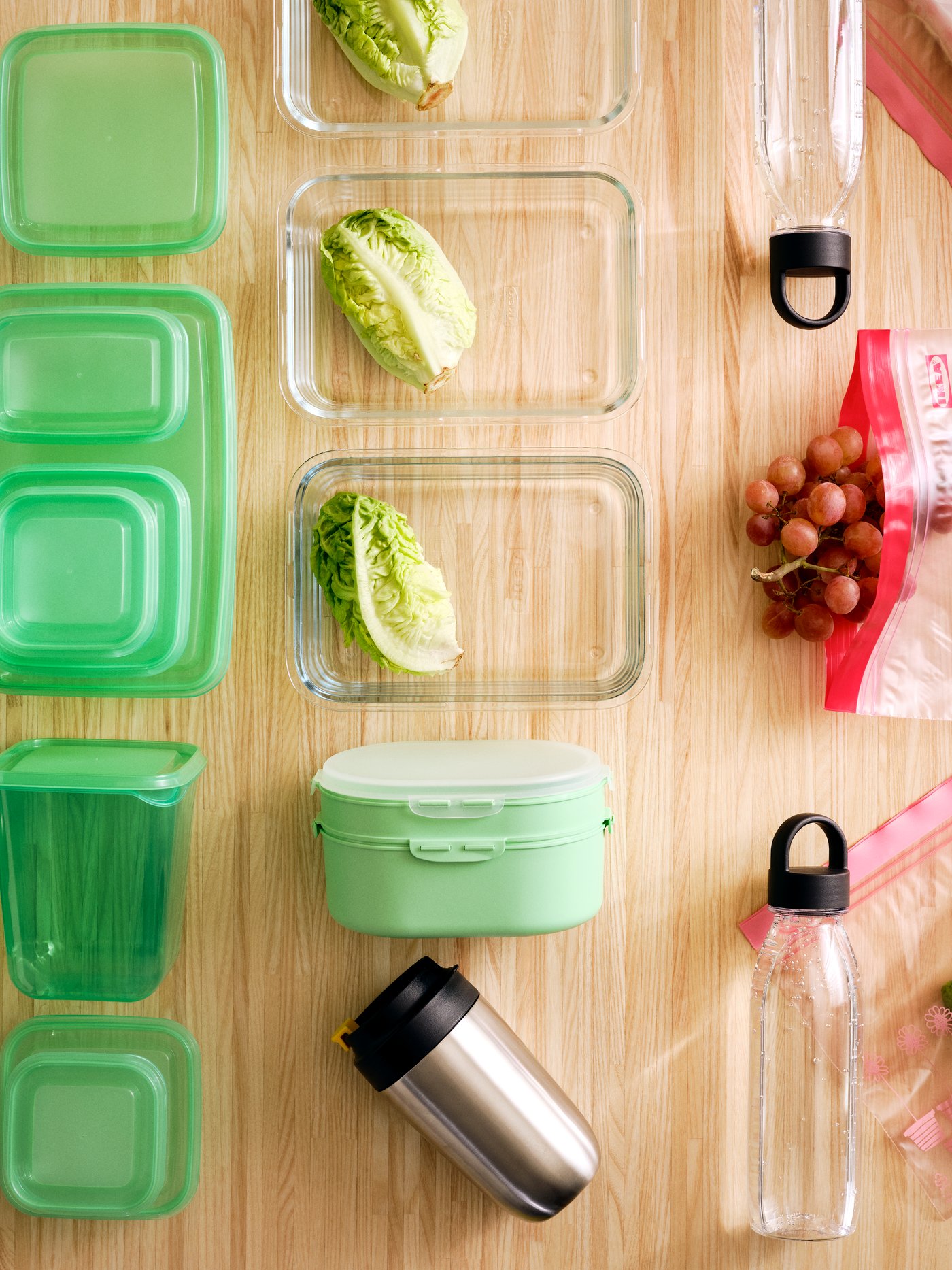 A montage of PRUTA sandwich containers, PRUTA food containers, UTBJUDA stackable lunchbox and IKEA 365+ food containers.