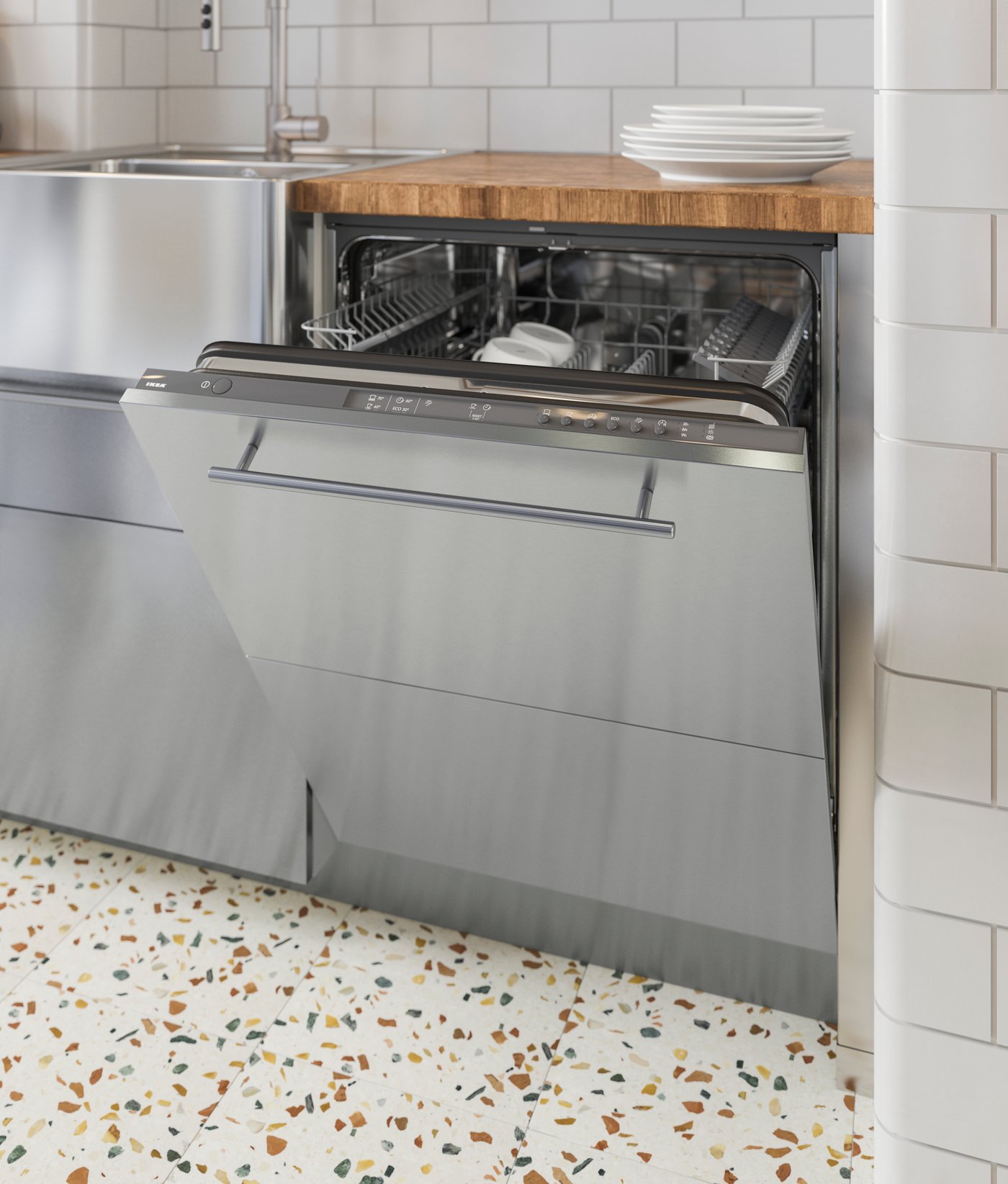 A grey RENGÖRA integrated dishwasher in the kitchen half open