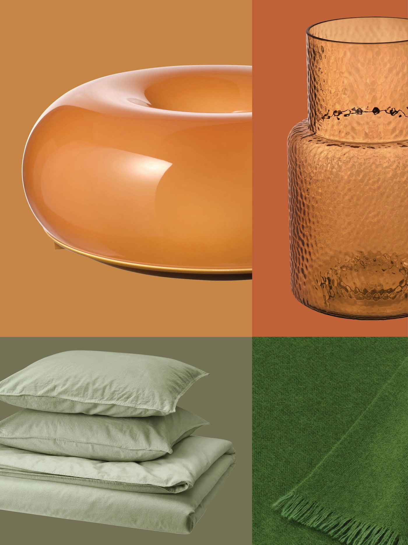 A green throw, an amber textured glass vase, a black lamp base with a white shade, and pale green IKEA bedding create a warm and coordinated interior mood.