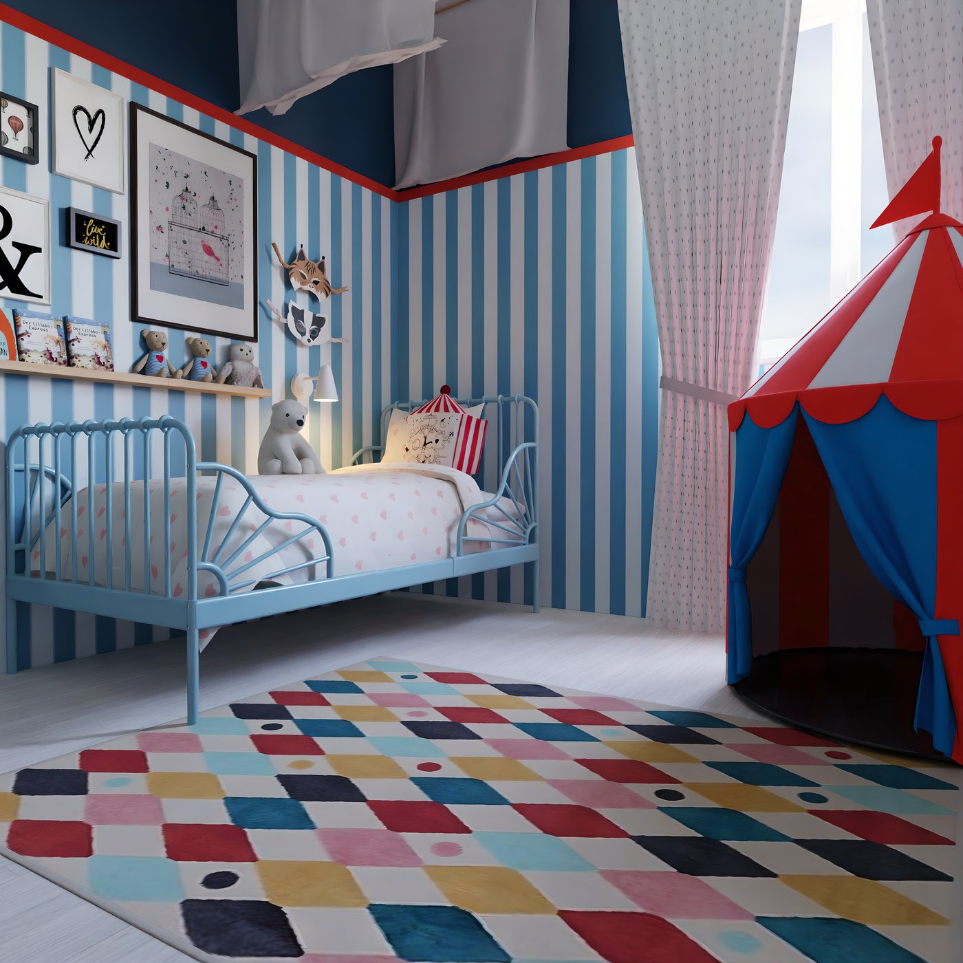 Una cama MINNEN en un dormitorio juvenil, también se ve un circo CIRKUSTALT