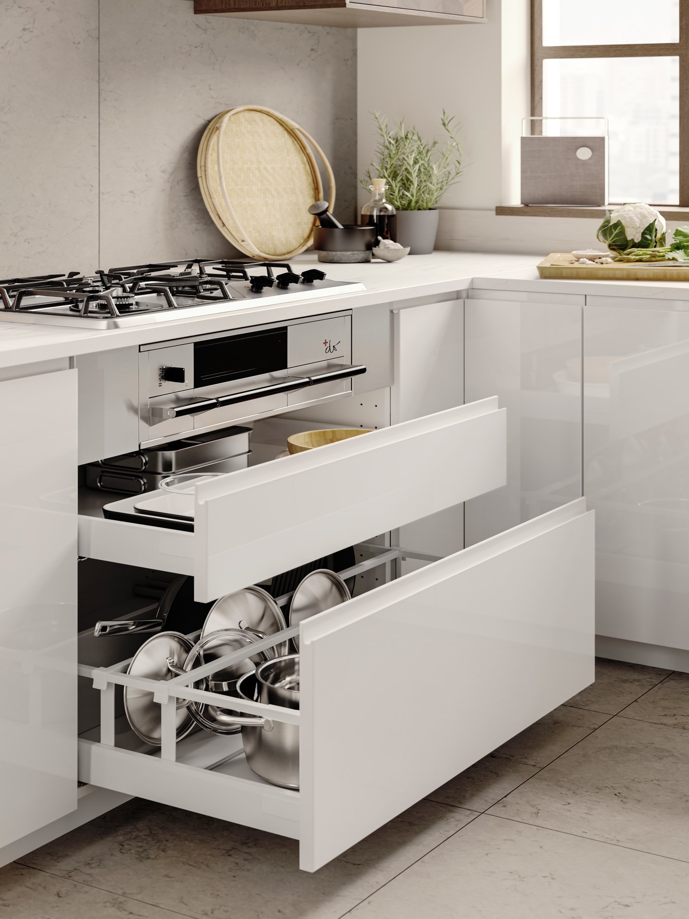A high-gloss white VOXTORP door