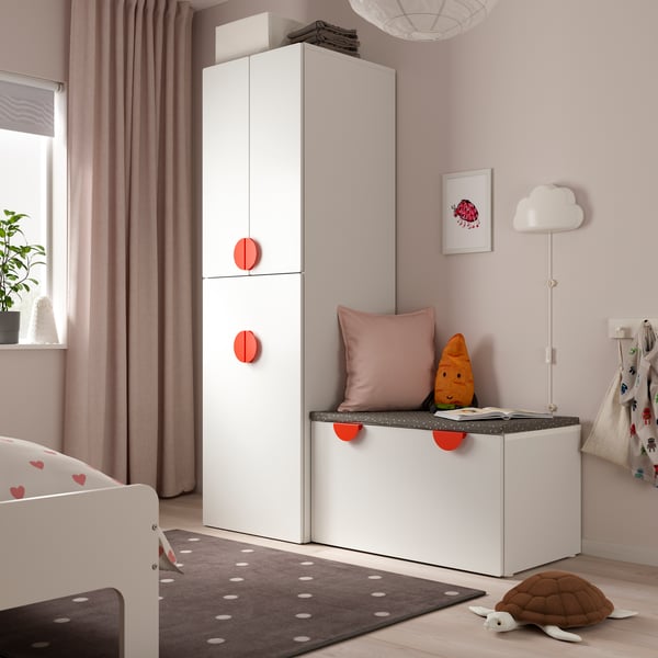 A white white/with storage bench SMÅSTAD wardrobe with pull-out unit