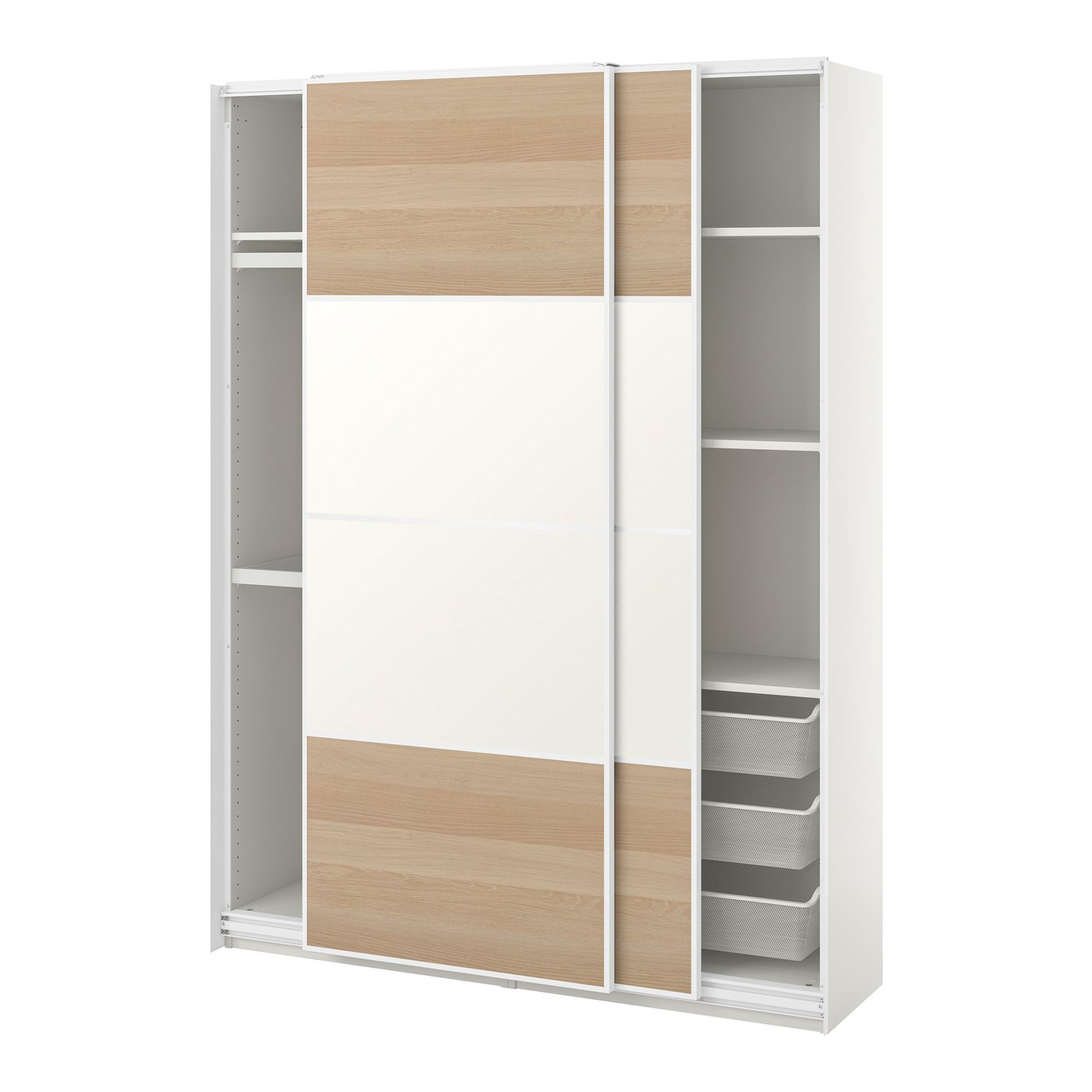 A white/double sided white stained oak effect PAX wardrobe combination