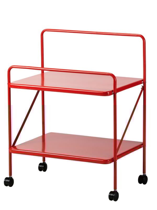 A red JÄRLÅSA side table on castors