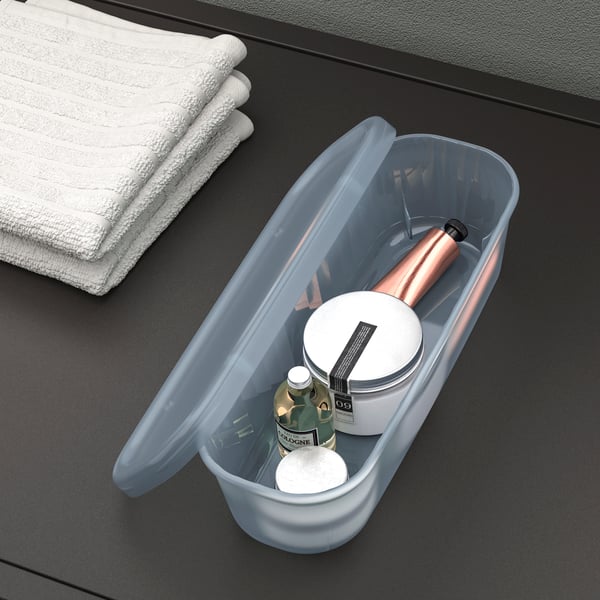 A transparent grey-blue RYKTA storage box with lid