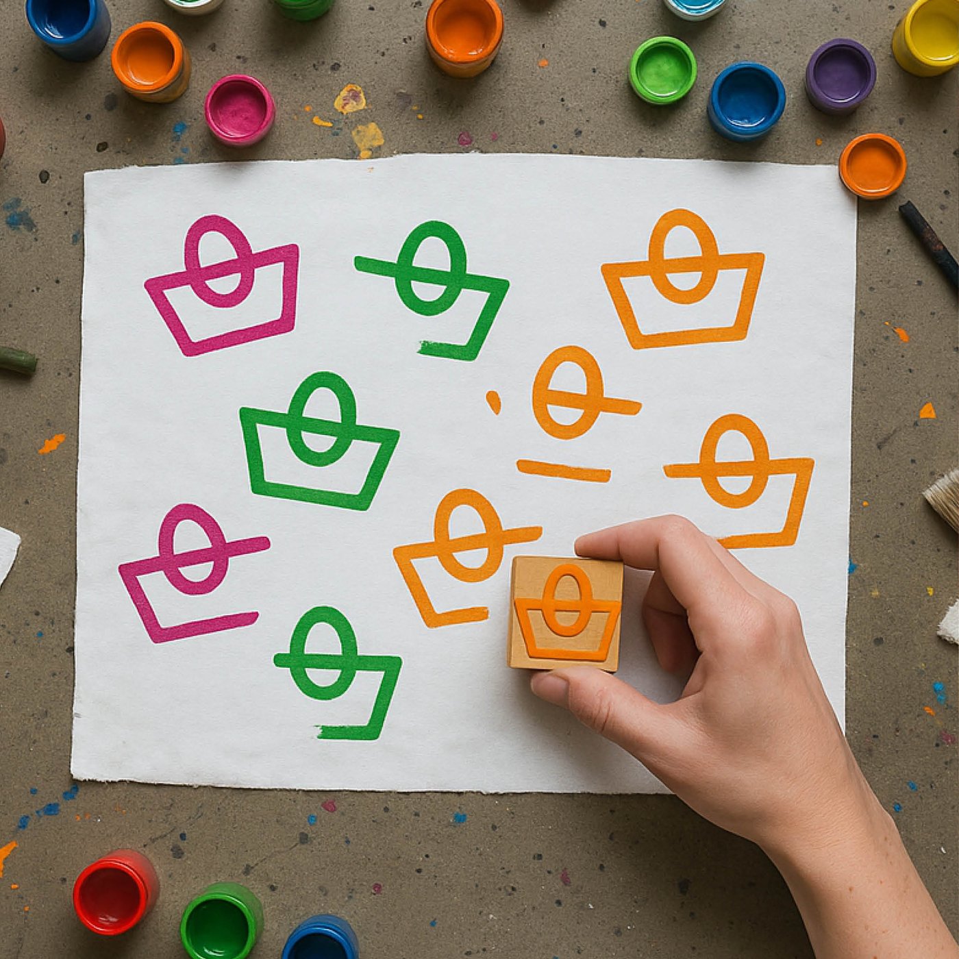 Stempeltrykk og tekstilmaling.