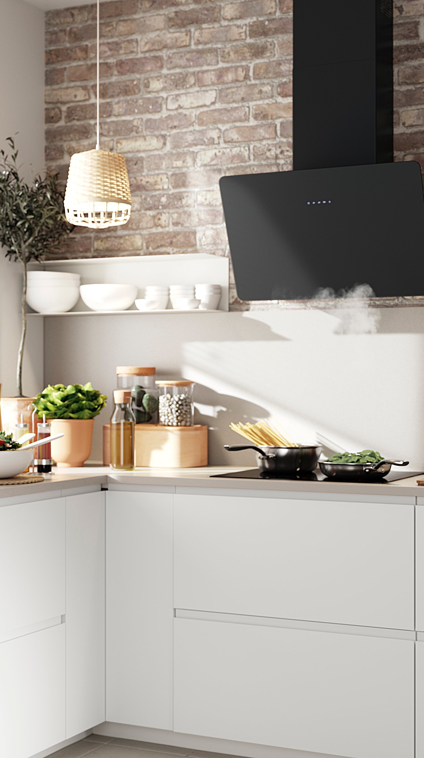 A black FINSMAKARE wall mounted extractor hood in the kitchen