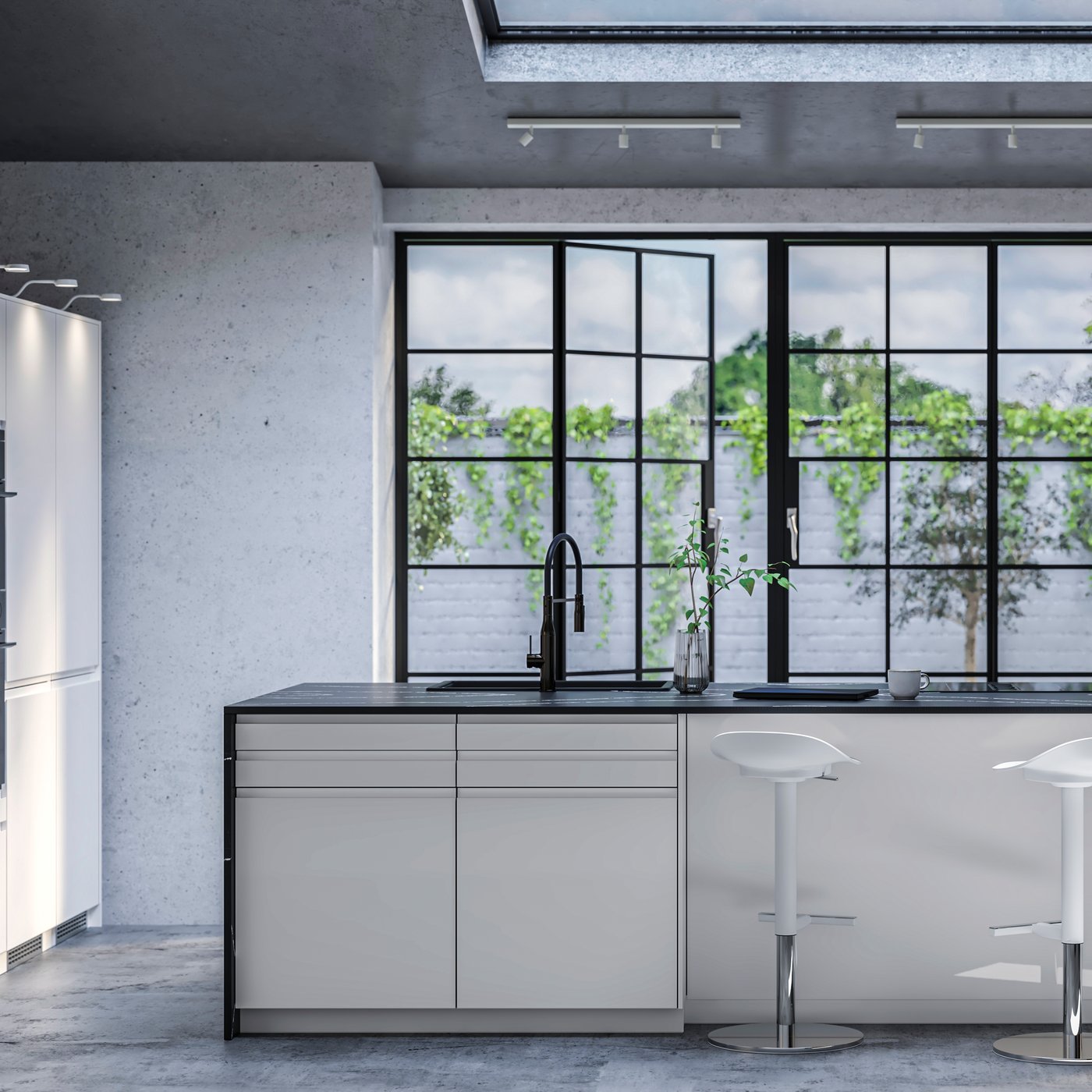 A modern white high-gloss IKEA VOXTORP kitchen with black worktop in a room with large black metal doors going out to the terrace