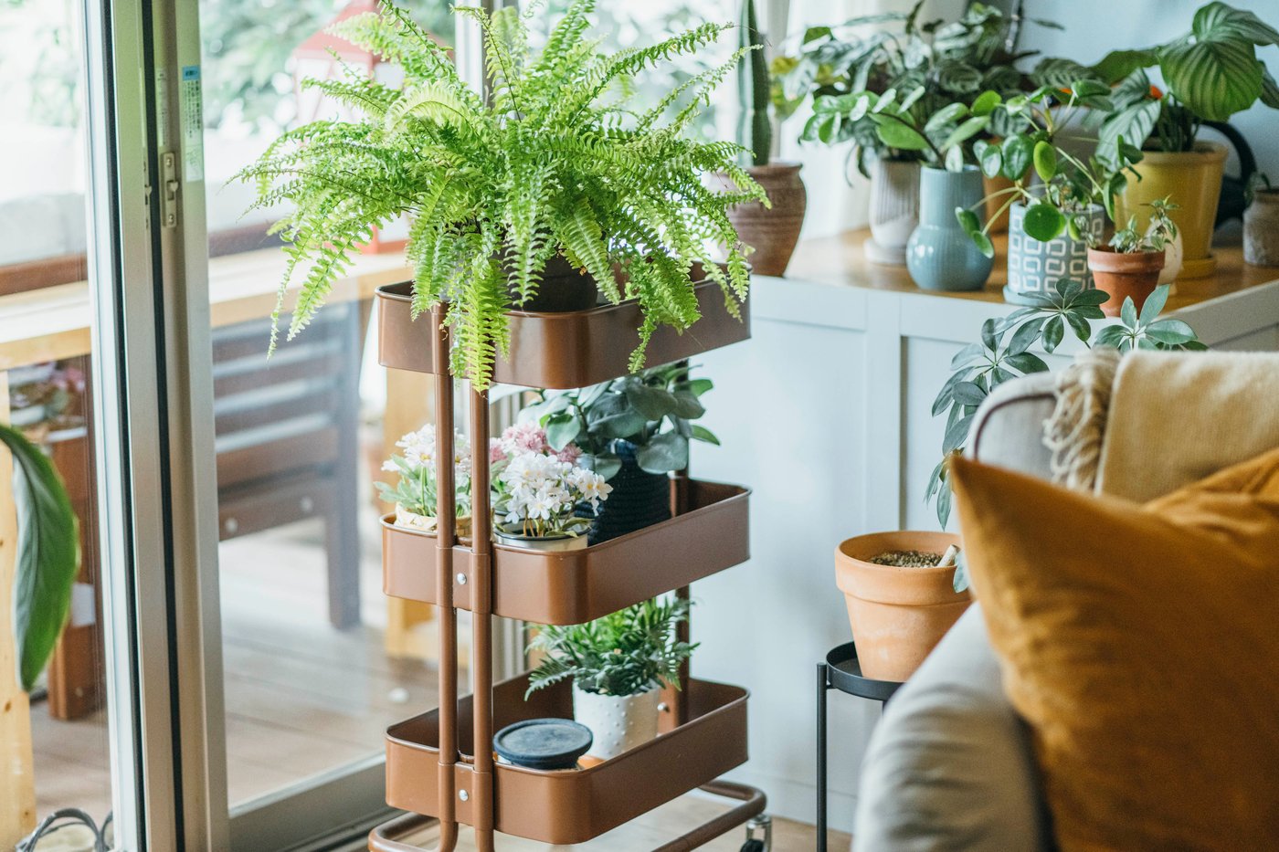 RÅSKOG ロースコグ ワゴンにはたくさんの観葉植物が乗っている。