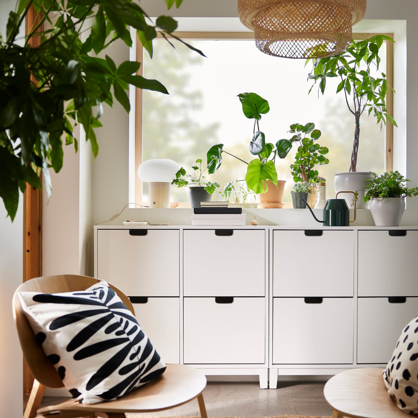 Två vita STÄLL skoställ är snyggt undanstoppade under en fönsterbräda fylld med växter och en VATTENKRASSE vattenkanna.