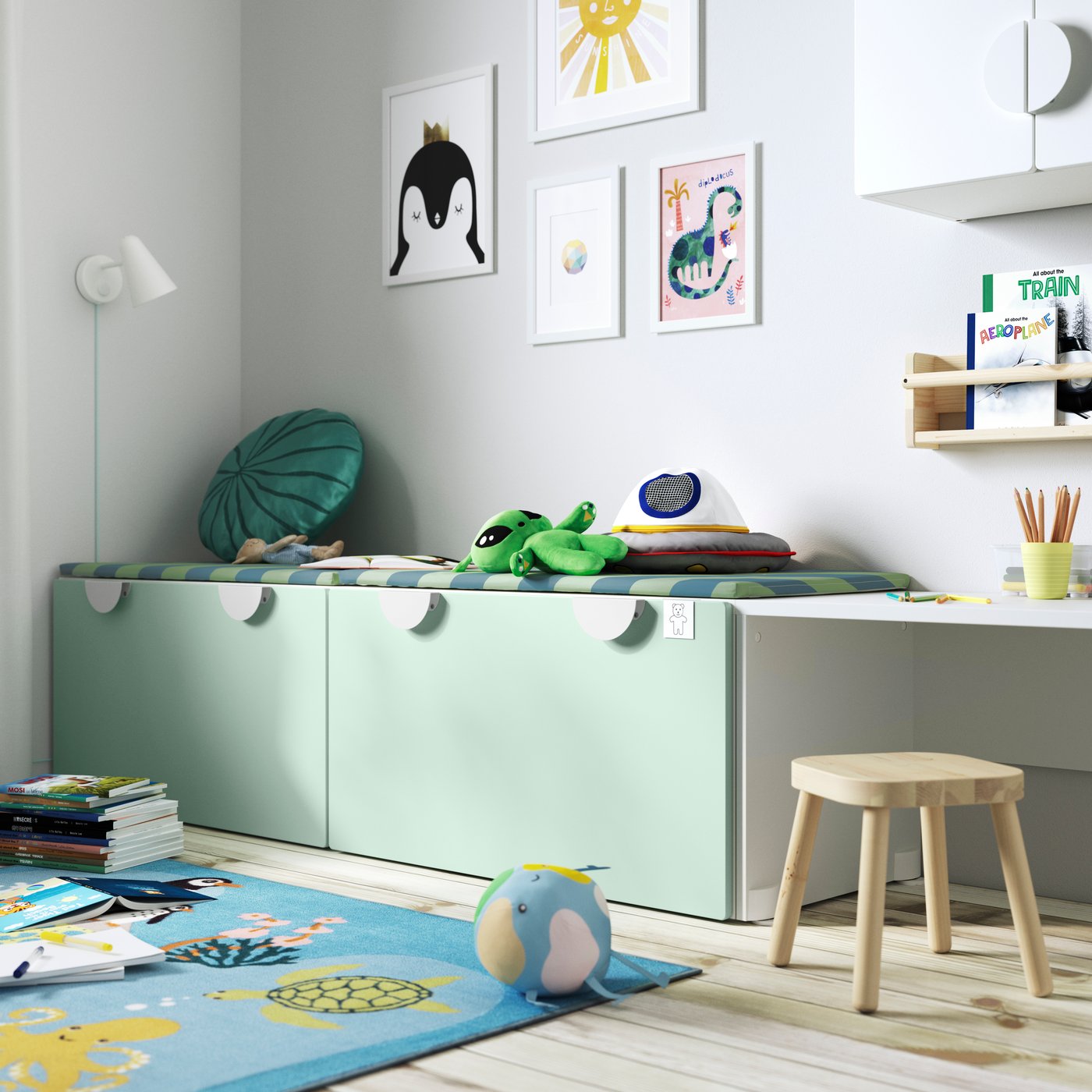 A white/light green SMÅSTAD bench with toy storage