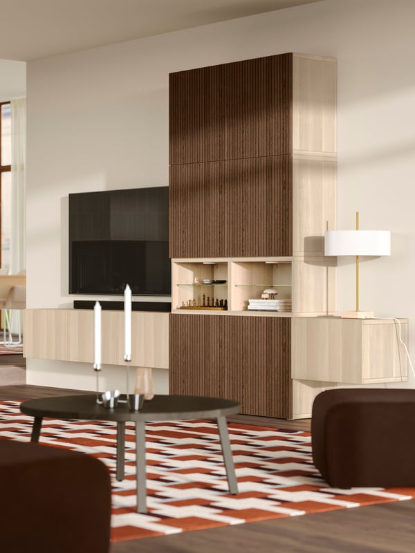 A white stained oak effect BESTÅ frame in the living room