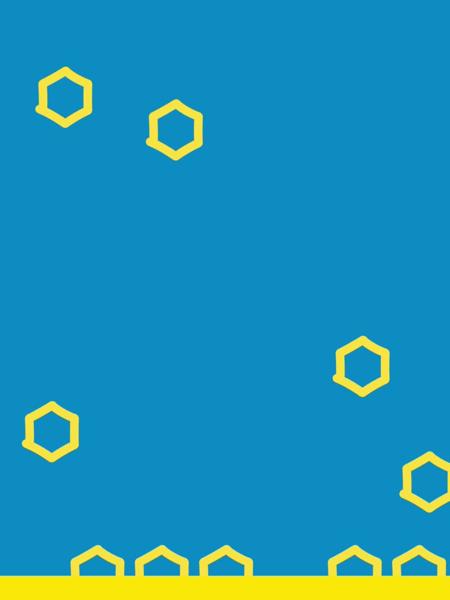Ein blauer Hintergrund mit einem weissen Sechskantschlüssel-Symbol oben und gelben sechseckigen Formen unten, die ein modernes und abstraktes Design darstellen.