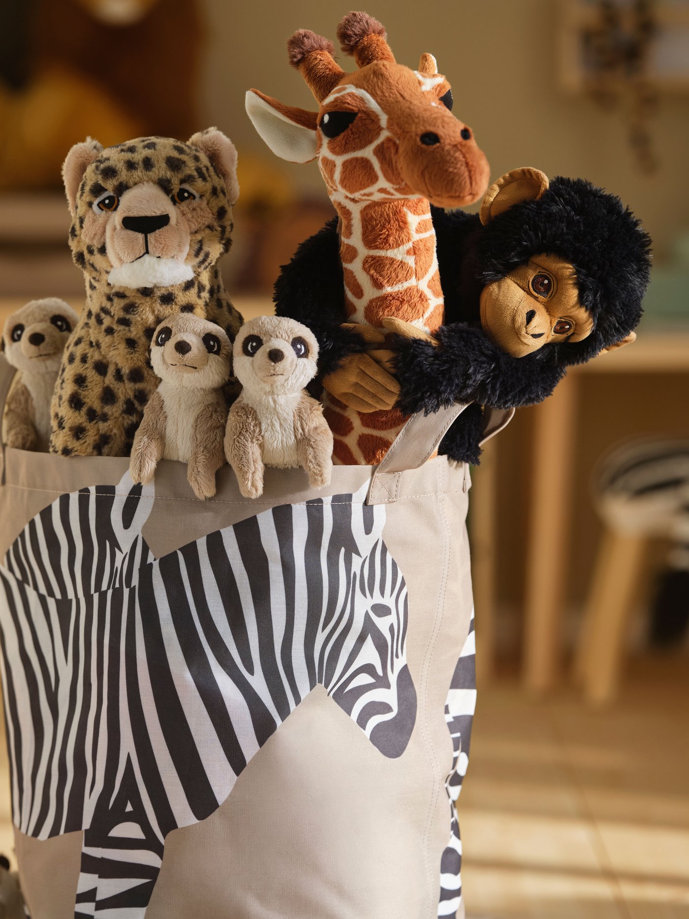 A basket of soft toy animals